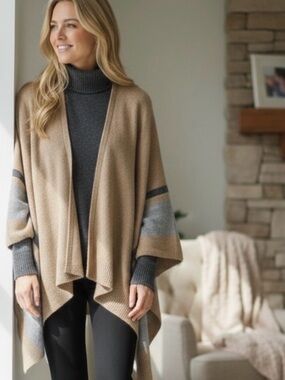 Velvet by Graham Spencer Wool Harper Open Front Poncho Coastal Cardigan Sz M/L